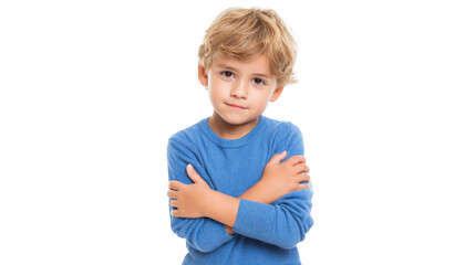 Child crossing arms, expressing disagreement and discomfort, isolated on a transparent background for seamless integration into various projects
