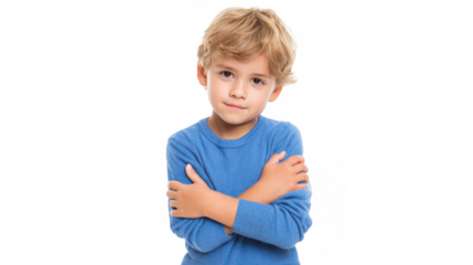Child crossing arms, expressing disagreement and discomfort, isolated on a transparent background for seamless integration into various projects