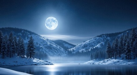 A serene winter landscape with a full moon, snow-covered mountains, and a calm lake under a starry sky.