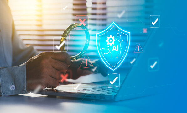 AI-powered automated debugging or troubleshooting. Artificial intelligence diagnostics and detection. System engineer using laptop to instruct AI monitoring. Engineer instruct AI for maintenance.