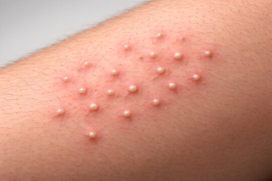 Photorealistic 3D depiction of mild pustular rash, close-up of upper arm skin showing multiple small raised pustules with pale centers and mild surrounding redness
