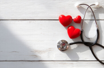 Stethoscope heart healthcare medicine love symbol on white wood background