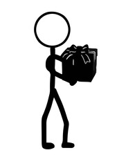 Silhouette of a stick figure person carrying a large heavy gift box