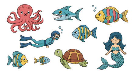 Fototapeta premium A colorful collection of cute underwater sea creatures and characters, including a mermaid, diver, octopus, turtle, and various fish.
