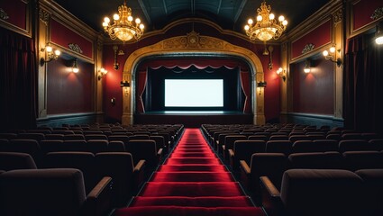 Red carpet leading to stage and projection screen in empty theater
