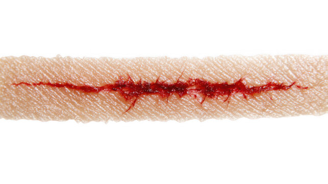 Close up of a surgical suture closing a wound, symbolizing healing and recovery, isolated on a transparent background for easy integration into various projects
