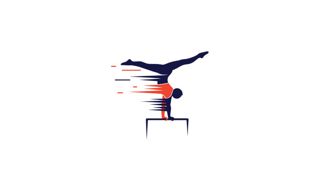 A dynamic silhouette of a gymnast performing a handstand on parallel bars, with motion blur effect conveying speed and agility.