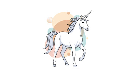 Obraz premium An elegant and majestic white unicorn with a flowing mane and tail stands gracefully against a background of pastel abstract shapes.