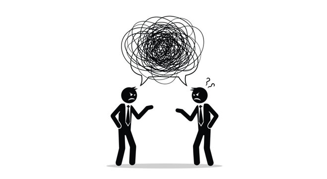 Two stick figure businessmen engaged in a heated argument with a tangled scribble in a speech bubble representing their miscommunication.