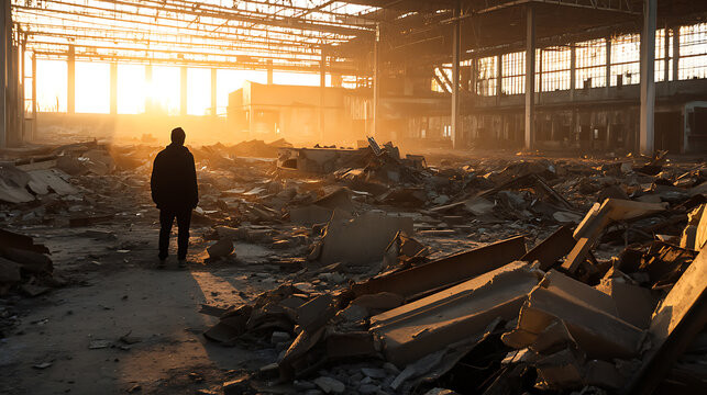 Lone figure stands amidst the ruins of a vast, sunlit structure, pondering the remnants of what once was, embodying resilience in the face of destruction.