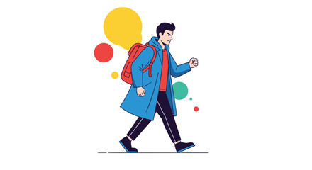 Obraz premium Determined or angry young man with a backpack walking purposefully, showing a serious expression and strong forward momentum.