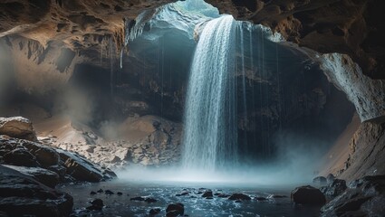 Waterfall cascading into a mystical underground cave creating a magical atmosphere