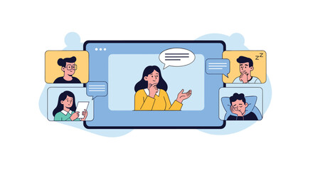 Online video conference showing an engaged presenter and various participants, some attentive and some bored or sleeping, representing remote work.