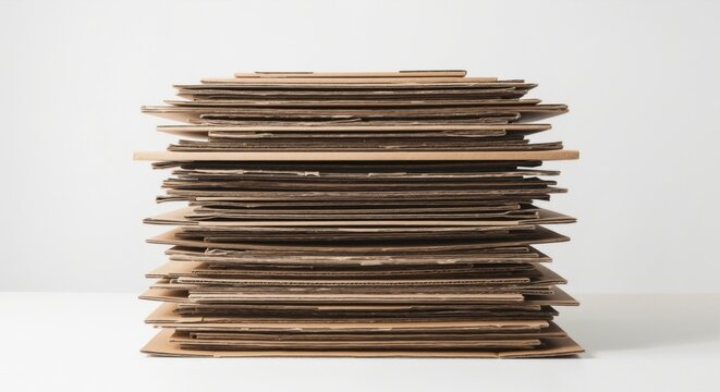 Stack of flattened cardboard boxes isolated on white background. Pile of brown corrugated paper cartons for recycling. Sustainable packaging and ecology concept