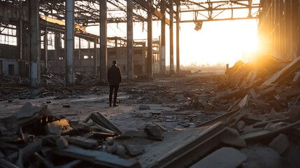 A solitary figure stands amidst the ruins of a vast, dilapidated industrial space. The setting sun casts a golden glow, emphasizing the scale of the desolation, creating a sense of reflection.