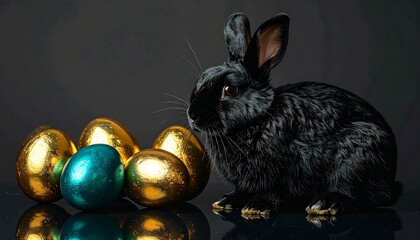 A professional studio product photograph of a sleek black rabbit sitting next to high-gloss, metallic gold and deep teal Easter eggs