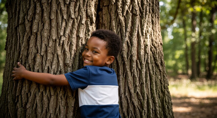 Happy young Black boy hugging a large tree trunk in the forest. Smiling African American child embracing nature outdoors. Ecology and environmental conservation concept