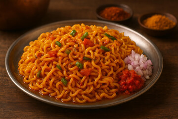 Delicious Spicy Stir-Fried Noodles with Fresh Vegetables and Traditional Spices on a Rustic Wooden Background