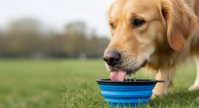 Golden Retriever dog drinking water from a portable blue bowl in a park. Thirsty pet hydrating outdoors with copy space