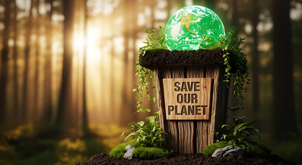 Glowing green earth rests atop a wooden pedestal urging conservation amidst a sunlit forest background