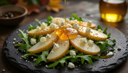 Fresh salad featuring sliced pears, cheese, and honey drizzled on arugula in a cozy setting with warm lighting Generative AI