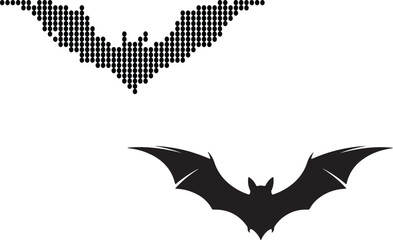 Fototapeta premium Two stylized bat illustrations, one pixelated and one solid silhouette, for Halloween or spooky themes