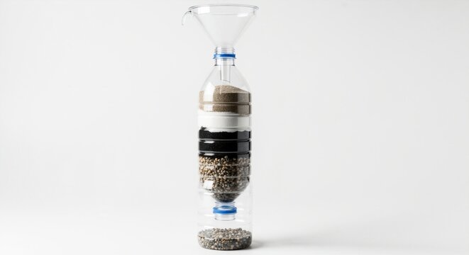 DIY water filter made from a plastic bottle with layers of sand, charcoal, and gravel. Science experiment for water purification. Horizontal photo with copy space