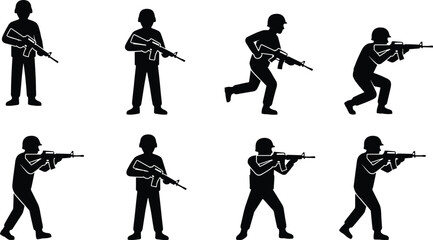 Obraz premium Military soldier silhouettes set showing armed infantry in combat poses, tactical movement, patrol actions, and battlefield training illustration