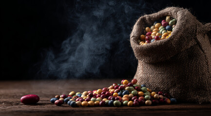 Rustic sack colorful bean smoke dark background wooden table moody food texture