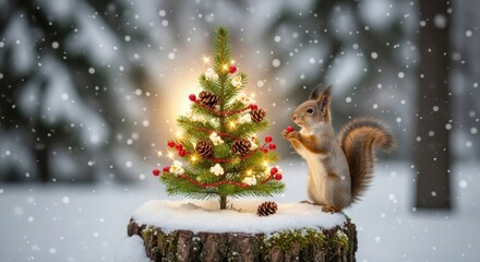 A squirrel with a Christmas tree in a snowy forest. The squirrel concept of a cute animal, the Christmas tree concept of a festive decoration, and the snowy forest concept of a winter setting.