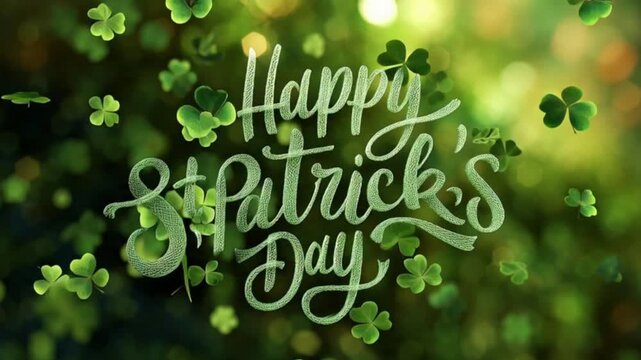 Cursive &ldquo;Happy St Patrick&rsquo;s Day&rdquo; Text with Falling Clovers on a Soft Bokeh Background, Creating a Festive, Lucky, and Cheerful Irish Holiday Celebration with Elegant Typography and Green-Themed Visual