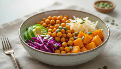 Healthy bowl with chickpeas, squash, and fresh vegetables presented on a textured table in natural light Generative AI