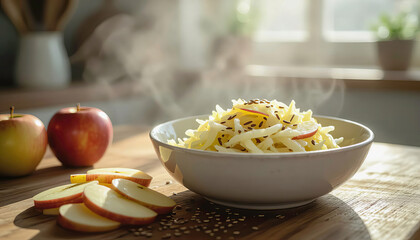 Fresh apple salad in a bowl with sliced apples and sesame seeds on a wooden table in a bright kitchen Generative AI