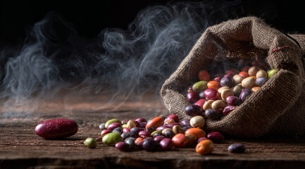 Colorful bean roasted bean food background rustic sack wooden table smoky mood