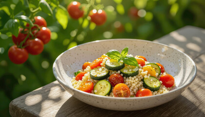 Fresh salad with colorful vegetables prepared in a sunny garden setting during summer Generative AI
