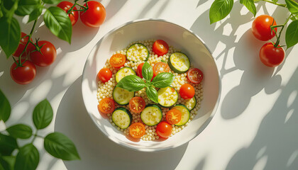 Colorful salad with cherry tomatoes and cucumber on a bright table in sunlight Generative AI