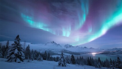 Aurora borealis illuminates a snowy mountain landscape with vibrant green and purple hues over a frozen lake and evergreen trees.