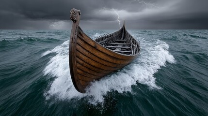 A boat is in the water with a storm in the background. The boat is upside down and he is in danger