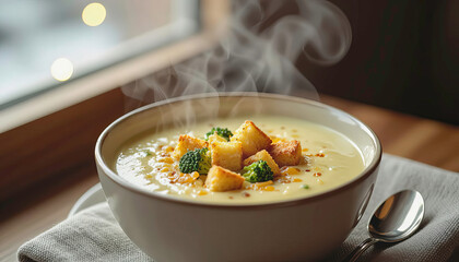 Warm bowl of soup with bread and broccoli on a wooden table near a window on a chilly day in a cozy setting Generative AI