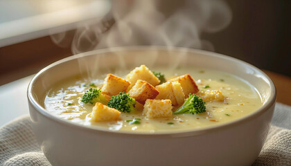 Warm soup served in a bowl with croutons and broccoli on a table with soft lighting in a kitchen setting Generative AI