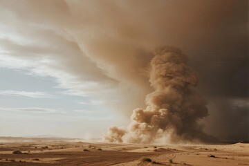 Massive dust storm rising in desert landscape under cloudy sky