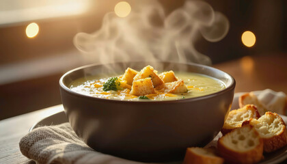 Warm soup with croutons and bread on a table during evening hours by soft lighting Generative AI