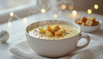 Warm bowl of soup with croutons on a countertop near a window with soft lights in the background Generative AI