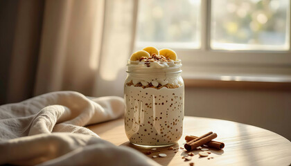 Delicious dessert with yogurt, almonds, and banana placed on wooden table by the window in afternoon light Generative AI