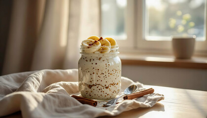 Healthy breakfast with yogurt, bananas, and cinnamon served in a jar on a wooden table beside a window Generative AI