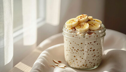 Yogurt served in a jar with sliced bananas and almonds near a window during morning light Generative AI