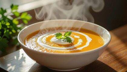 Delicious bowl of hot soup with a swirl of cream and fresh herbs on a wooden table near a window Generative AI