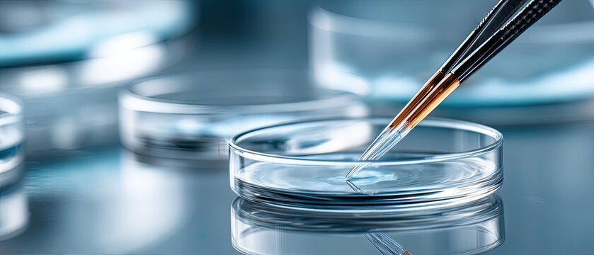 Close-up of an ultra-realistic needle performing laboratory work on human cells in petri dishes in a high-tech lab environment