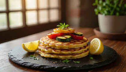Stack of pancakes with grilled vegetables and lemon slices on a wooden table by a window in a kitchen setting Generative AI