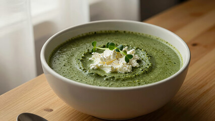 Fresh green soup with cream and garnishment on wooden table during daylight Generative AI